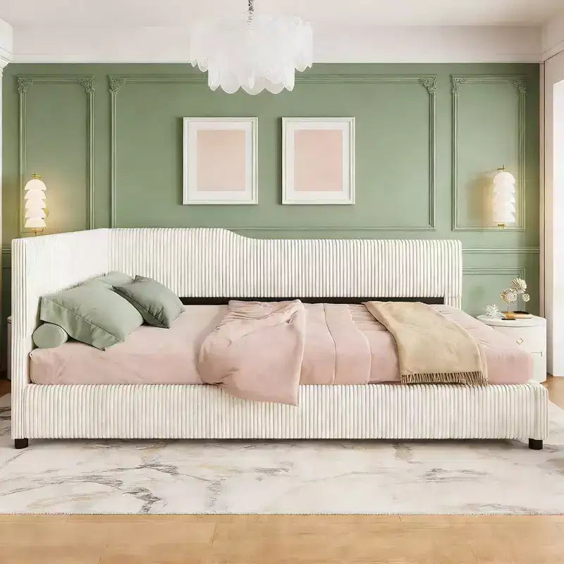 Luxystar Modern Full Size L-Shaped Corduroy Upholstered Daybed for Living Room or Guest Room