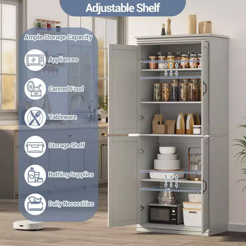 70 Meuble Colonne de Cuisine avec Portes et Étagères Réglables, Meuble de Rangement Autonome, Grande Armoire de Rangement pour Salle de Bain