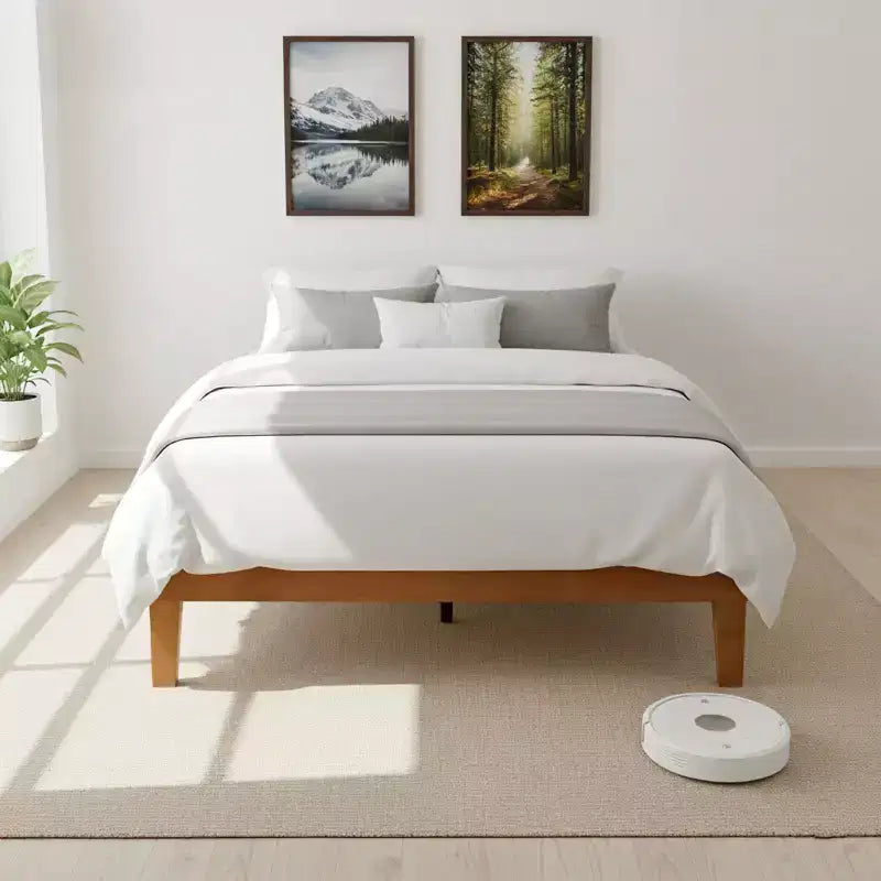 JIONJOY Cadre de lit plateforme 12 pouces entièrement en bois, Sommier en bois d'hévéa massif, Support de matelas robuste, Assemblage facile, Bois naturel