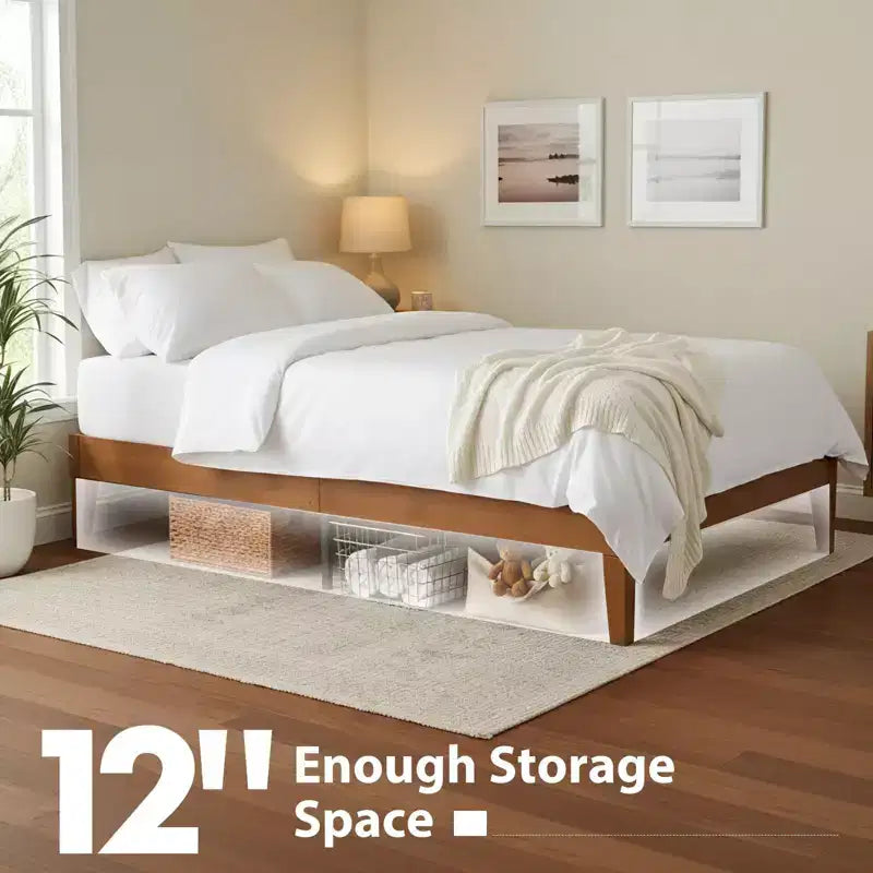JIONJOY Cadre de lit plateforme 12 pouces entièrement en bois, Sommier en bois d'hévéa massif, Support de matelas robuste, Assemblage facile, Bois naturel