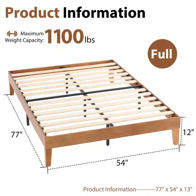 JIONJOY Cadre de lit plateforme 12 pouces entièrement en bois, Sommier en bois d'hévéa massif, Support de matelas robuste, Assemblage facile, Bois naturel