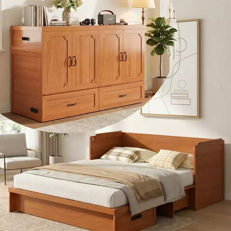 Lit armoire escamotable convertible Mjkone Queen Size avec chargement USB, tiroirs de rangement, matelas non inclus