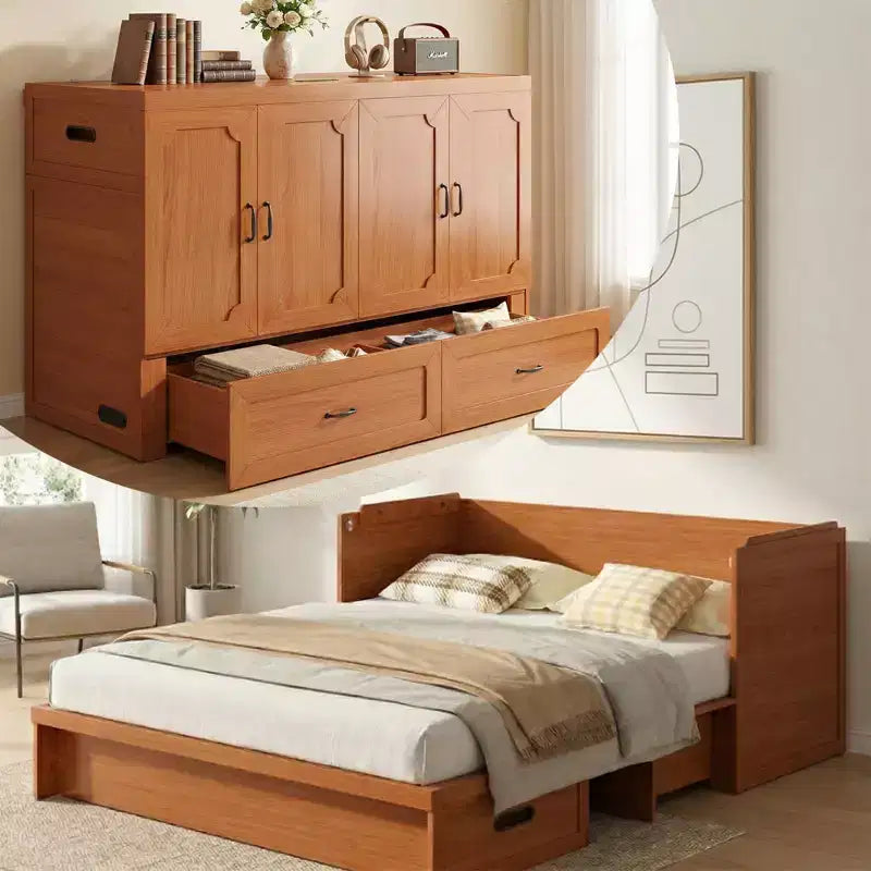 Lit armoire escamotable convertible Mjkone Queen Size avec chargement USB, tiroirs de rangement, matelas non inclus