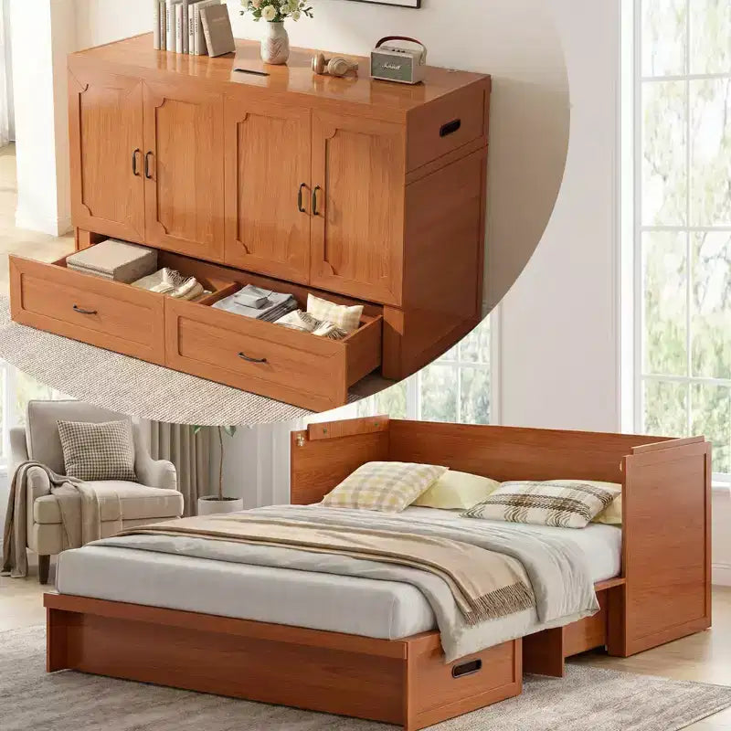 Mjkone Queen Size Convertible Murphy Cabinet Bed with USB Charging, Storage Drawers,No Mattress Included
