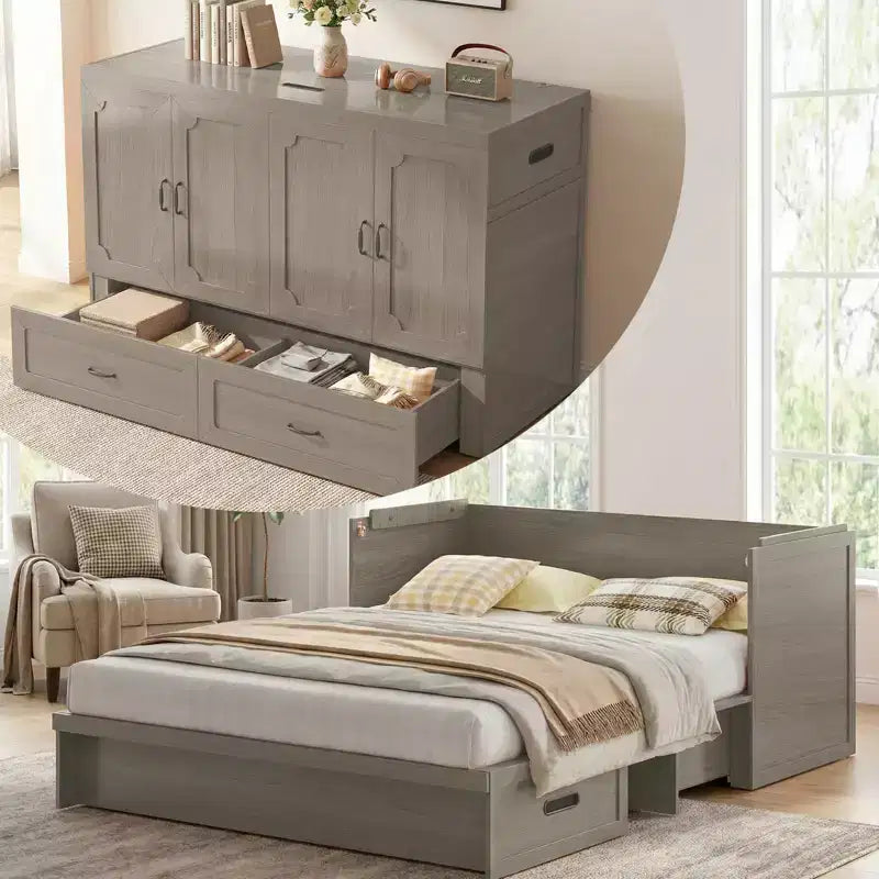 Lit armoire escamotable convertible Mjkone Queen Size avec chargement USB, tiroirs de rangement, matelas non inclus