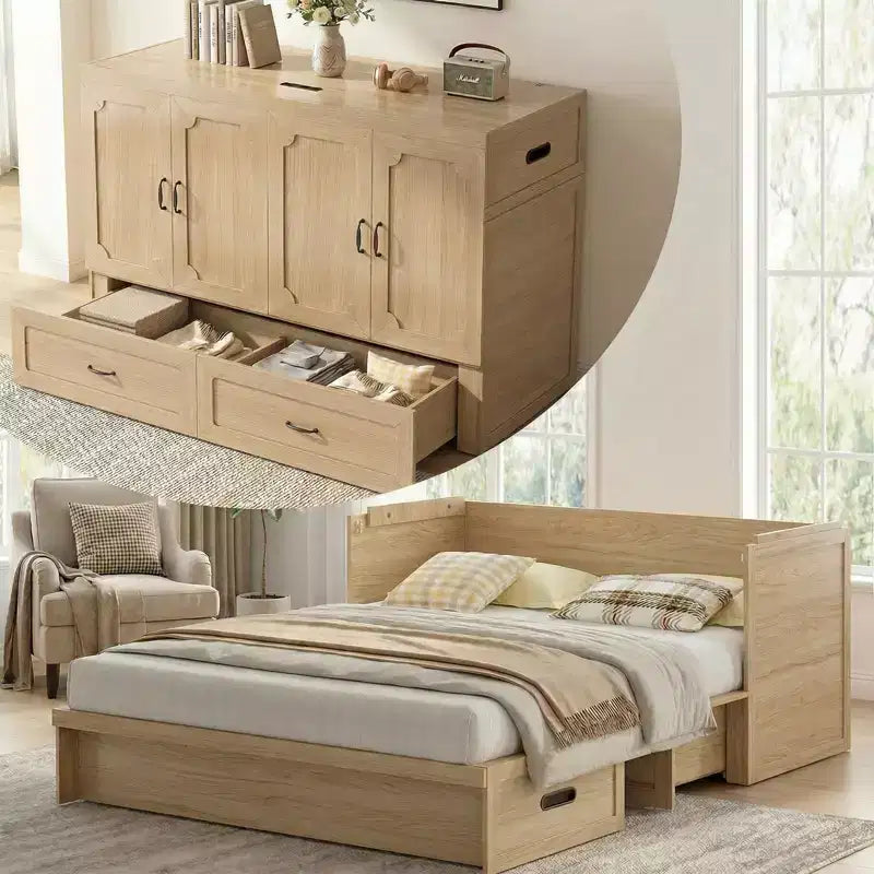 Lit armoire escamotable convertible Mjkone Queen Size avec chargement USB, tiroirs de rangement, matelas non inclus
