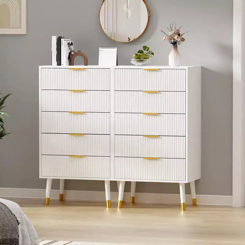 Fluted Entryway Storage Cabinets Set of 2, 5 Drawer Black Wood Dressers, Gold Metal Handles, Nightstands for Bedroom, Living Room, Entryway, White
