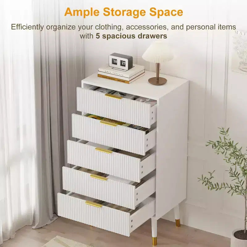 Ensemble de 2 meubles de rangement cannelés pour entrée, commodes noires en bois à 5 tiroirs, poignées dorées en métal, tables de chevet pour chambre à coucher, salon, entrée, blanc