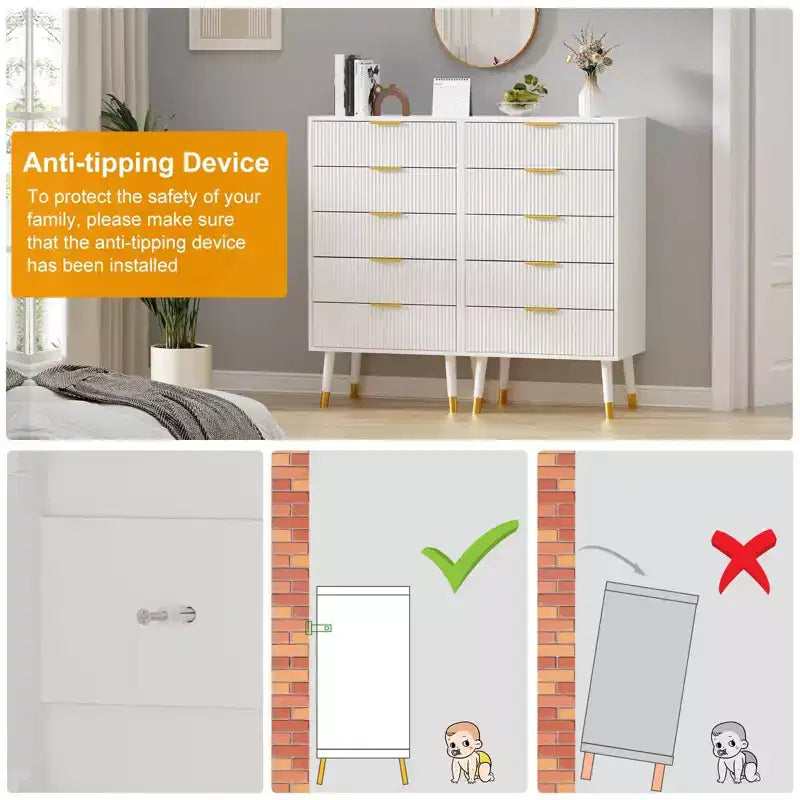 Ensemble de 2 meubles de rangement cannelés pour entrée, commodes noires en bois à 5 tiroirs, poignées dorées en métal, tables de chevet pour chambre à coucher, salon, entrée, blanc