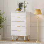 Ensemble de 2 meubles de rangement cannelés pour entrée, commodes noires en bois à 5 tiroirs, poignées dorées en métal, tables de chevet pour chambre à coucher, salon, entrée, blanc