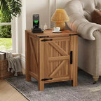 Lot de 2 tables de chevet de ferme avec station de recharge, table de nuit rustique avec porte de grange et étagère réglable, petite table d'appoint pour chambre et salon.