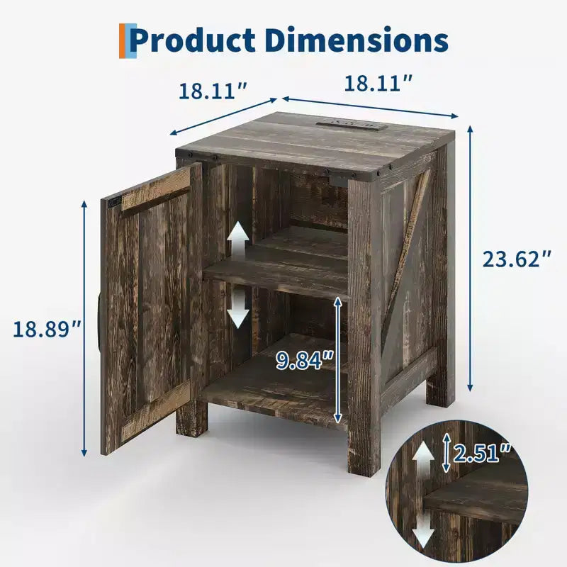 Lot de 2 tables de chevet de ferme avec station de recharge, table de nuit rustique avec porte de grange et étagère réglable, petite table d'appoint pour chambre et salon.