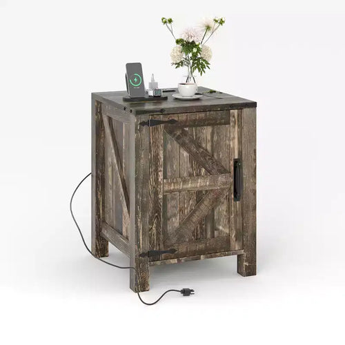 2Pcs Farmhouse Nightstand with Charging Station, Rustic Barn Door Bedside Table with Adjustable Shelf, Small End Table for Bedroom and Living Room