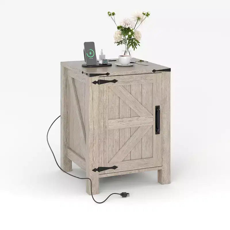 Lot de 2 tables de chevet de ferme avec station de recharge, table de nuit rustique avec porte de grange et étagère réglable, petite table d'appoint pour chambre et salon.
