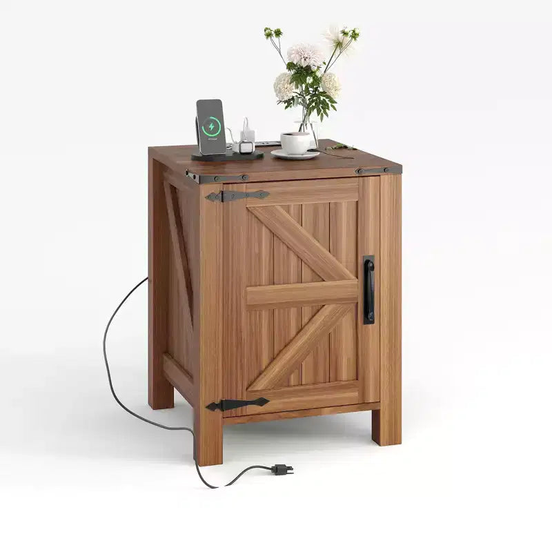 Lot de 2 tables de chevet de ferme avec station de recharge, table de nuit rustique avec porte de grange et étagère réglable, petite table d'appoint pour chambre et salon.