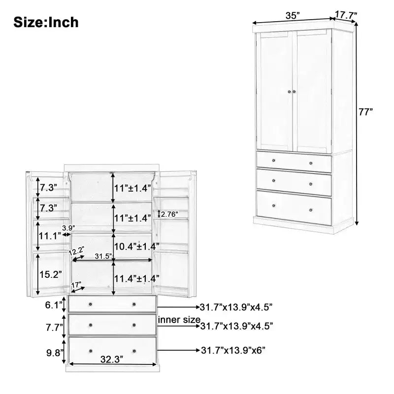 Étagères de porte de garde-manger de cuisine de ferme, armoire de rangement haute autonome avec 3 étagères réglables et 3 tiroirs pour salle à manger