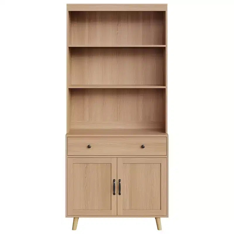 Modern Natural Wood Buffet Cabinet with 3-Tier Storage, Drawer & Open Shelves