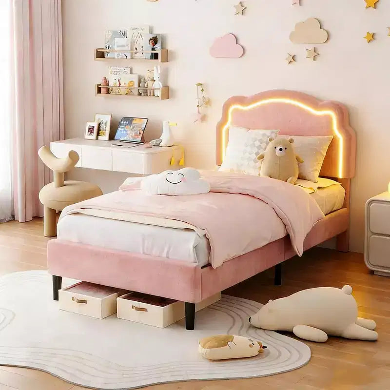 Upholstered Twin Platform Bed for Kids with Adjustable Bear-Shaped Headboard  Storage Drawer  Wooden Slats  Noise-Free, No Box Seasonal Needed
