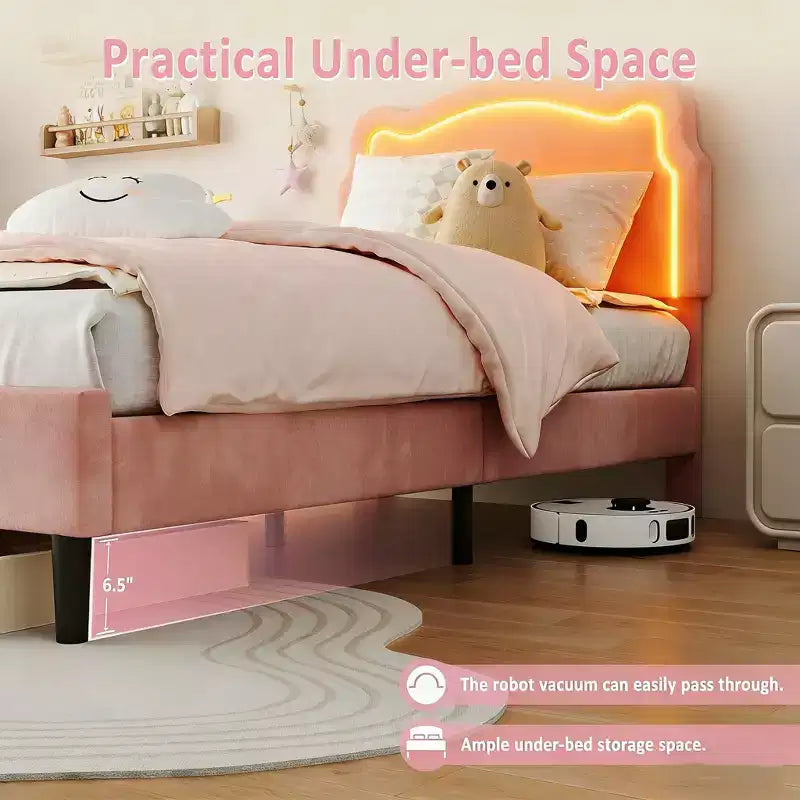 Lit jumeau capitonné pour enfants avec tête de lit réglable en forme d'ours, tiroir de rangement, lattes en bois, silencieux, pas besoin de sommier tapissier