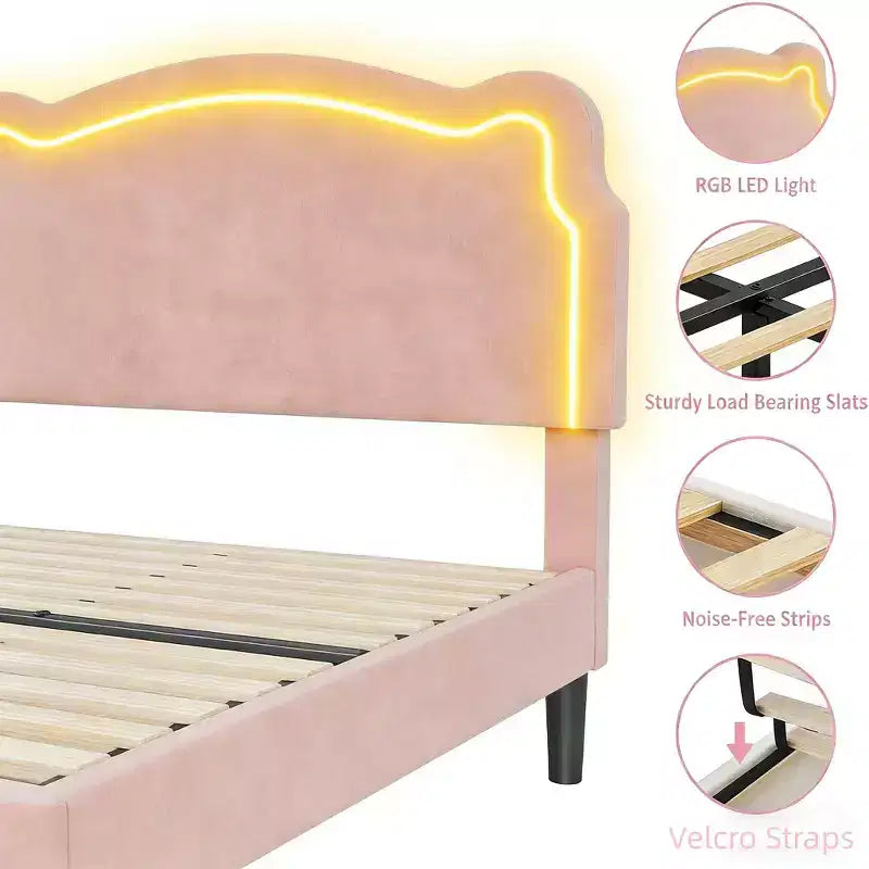 Lit jumeau capitonné pour enfants avec tête de lit réglable en forme d'ours, tiroir de rangement, lattes en bois, silencieux, pas besoin de sommier tapissier