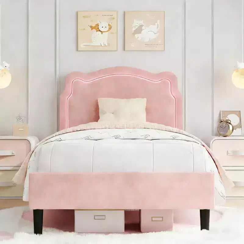 Lit jumeau capitonné pour enfants avec tête de lit réglable en forme d'ours, tiroir de rangement, lattes en bois, silencieux, pas besoin de sommier tapissier