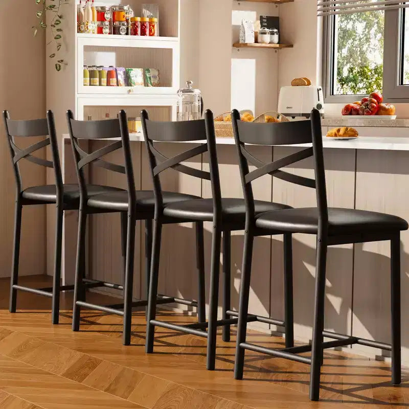 Set of 4 Counter Height Bar Stools 26 Black PU Leather Upholstered Seats, Metal Frame, X-Back Design, Footrest for Kitchen Island, Dining Room