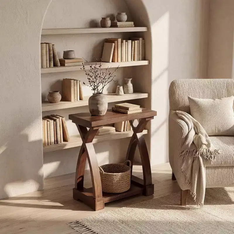 Lantine Solid Wood End Table, Small Side Table with Storage Shelf, 2-Tier Narrow End Table for Living Room, Bedroom, Small Spaces