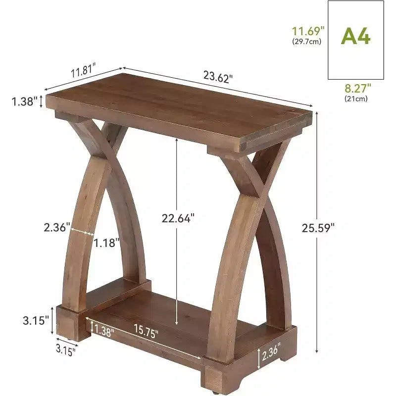 Table d'appoint Lantine en bois massif, petite table d'appoint avec étagère de rangement, table d'appoint étroite à 2 niveaux pour salon, chambre, petits espaces