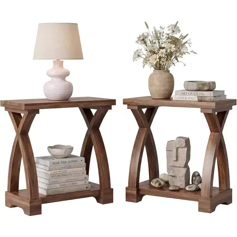 Table d'appoint Lantine en bois massif, petite table d'appoint avec étagère de rangement, table d'appoint étroite à 2 niveaux pour salon, chambre, petits espaces
