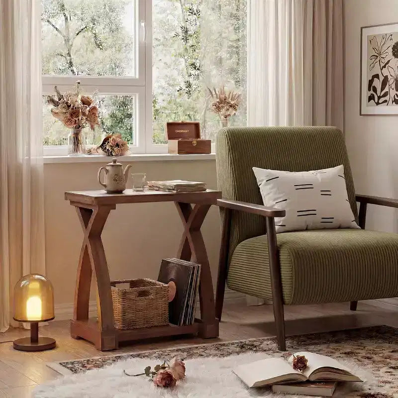 Table d'appoint Lantine en bois massif, petite table d'appoint avec étagère de rangement, table d'appoint étroite à 2 niveaux pour salon, chambre, petits espaces