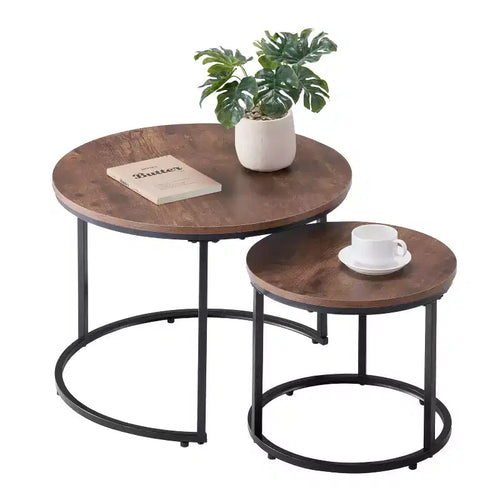 2 Piece Vintage Brown Black Nesting Coffee Table Set, 23.6 Round Metal Frame End Side Tables for Small Living Space