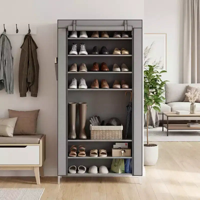 Étagère à chaussures 10 niveaux avec housse, organisateur de chaussures autoportant, grande capacité pour 40-50 paires, rangement à chaussures avec poches latérales, gris