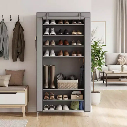 Étagère à chaussures 10 niveaux avec housse, organisateur de chaussures autoportant, grande capacité pour 40-50 paires, rangement à chaussures avec poches latérales, gris