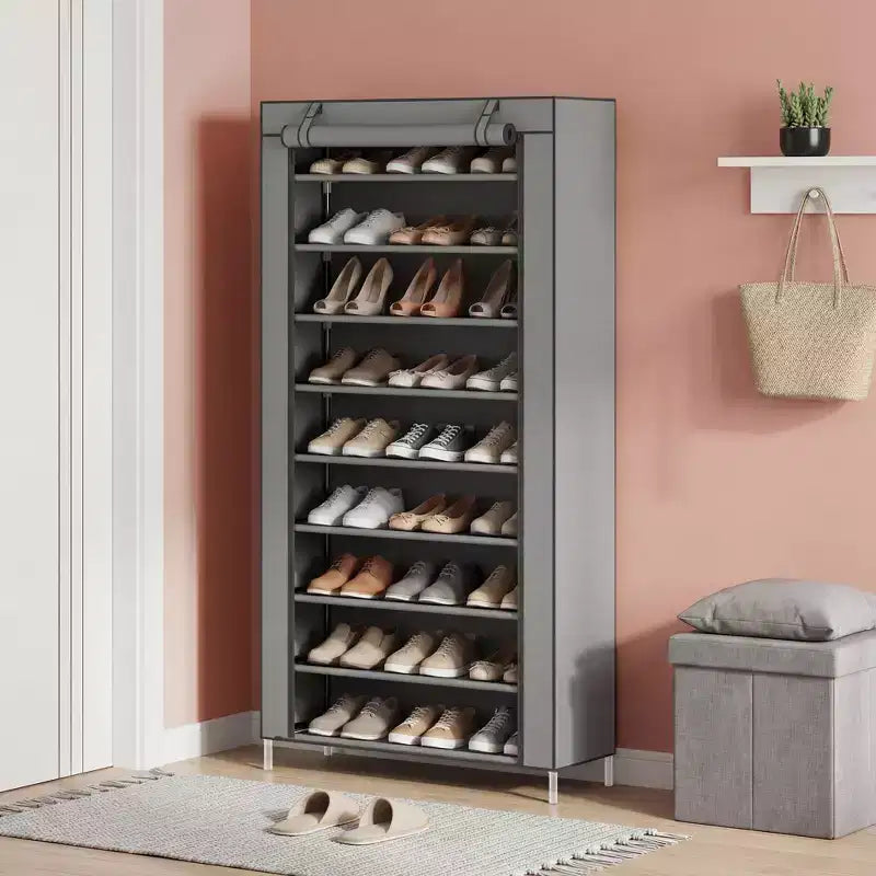 Étagère à chaussures 10 niveaux avec housse, organisateur de chaussures autoportant, grande capacité pour 40-50 paires, rangement à chaussures avec poches latérales, gris
