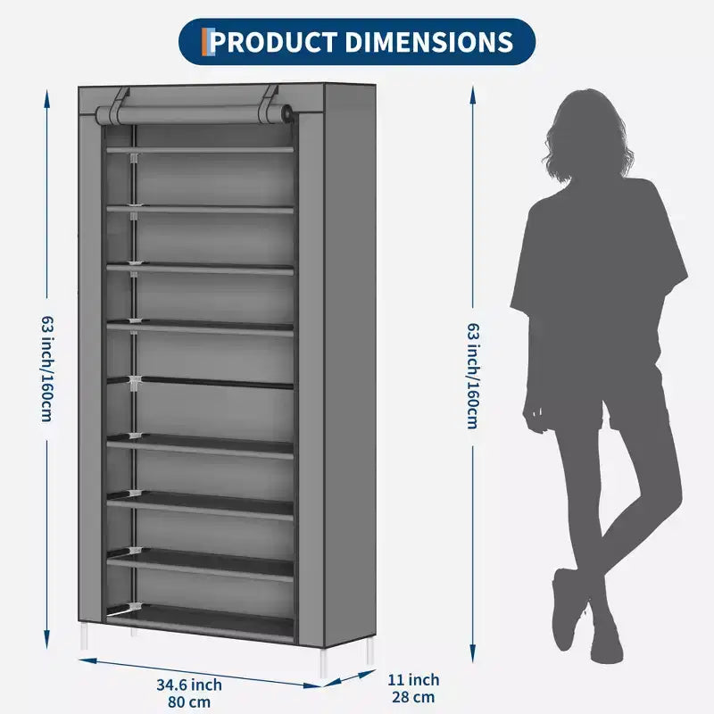 Étagère à chaussures 10 niveaux avec housse, organisateur de chaussures autoportant, grande capacité pour 40-50 paires, rangement à chaussures avec poches latérales, gris