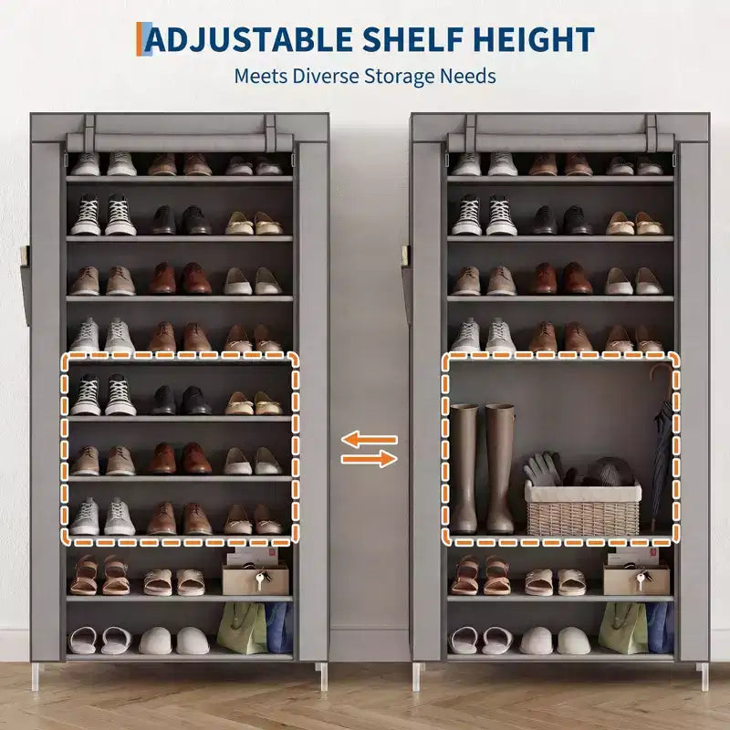 Étagère à chaussures 10 niveaux avec housse, organisateur de chaussures autoportant, grande capacité pour 40-50 paires, rangement à chaussures avec poches latérales, gris