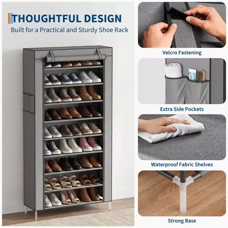Étagère à chaussures 10 niveaux avec housse, organisateur de chaussures autoportant, grande capacité pour 40-50 paires, rangement à chaussures avec poches latérales, gris