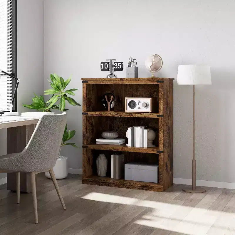 Bibliothèque en bois de ferme avec rangement, étagères ouvertes rustiques pour le bureau à domicile, le salon et la chambre, organisateur de bibliothèque en bois robuste