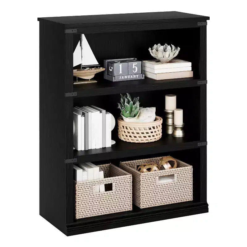 Farmhouse Wood Bookcase with Storage, Rustic Open Display Shelves for Home Office, Living Room and Bedroom, Sturdy Wood Bookshelf Organizer