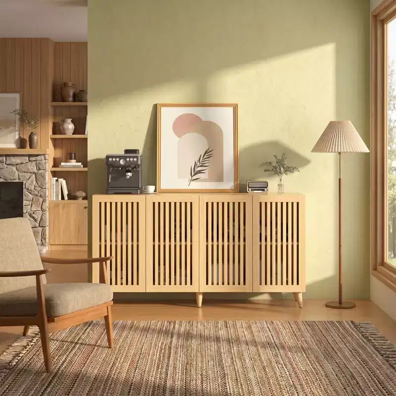 JVNOXK Mid Century Modern Fluted Wood TV Stand for Up to 70 TV, Boho Media Console with Storage, Cable Management & Angled Legs