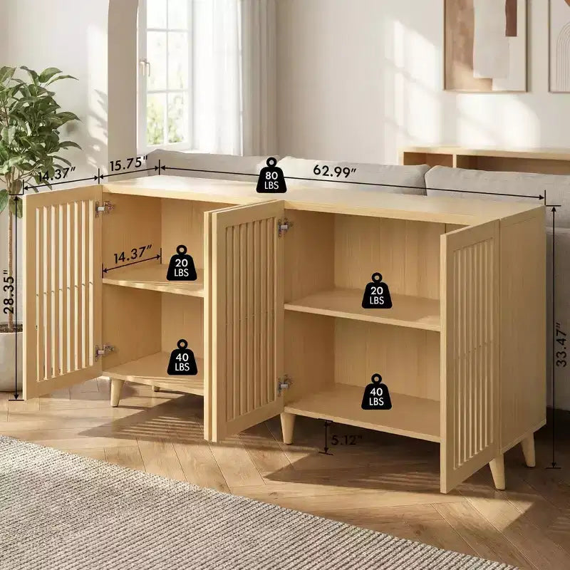 Meuble TV JVNOXK en bois cannelé de style moderne du milieu du siècle pour téléviseurs jusqu'à 70 pouces, console multimédia bohème avec rangement, gestion des câbles et pieds inclinés