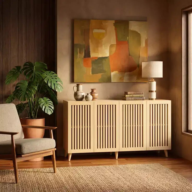 Meuble TV JVNOXK en bois cannelé de style moderne du milieu du siècle pour téléviseurs jusqu'à 70 pouces, console multimédia bohème avec rangement, gestion des câbles et pieds inclinés