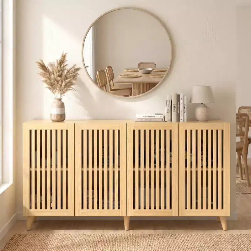 Meuble TV JVNOXK en bois cannelé de style moderne du milieu du siècle pour téléviseurs jusqu'à 70 pouces, console multimédia bohème avec rangement, gestion des câbles et pieds inclinés
