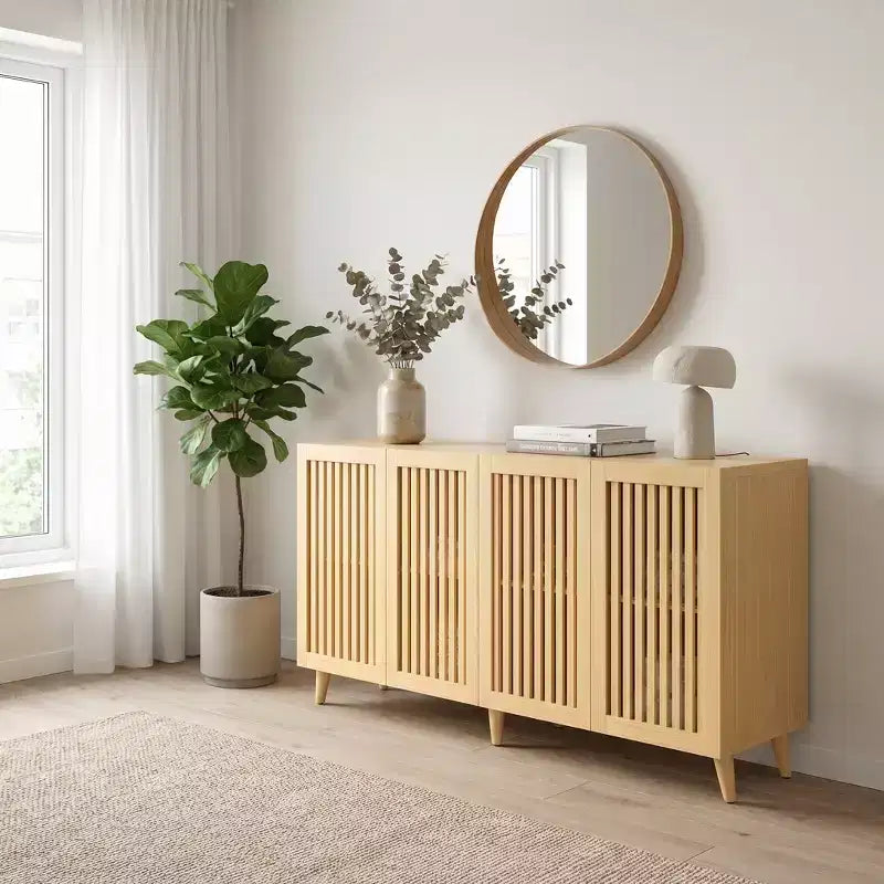 Meuble TV JVNOXK en bois cannelé de style moderne du milieu du siècle pour téléviseurs jusqu'à 70 pouces, console multimédia bohème avec rangement, gestion des câbles et pieds inclinés