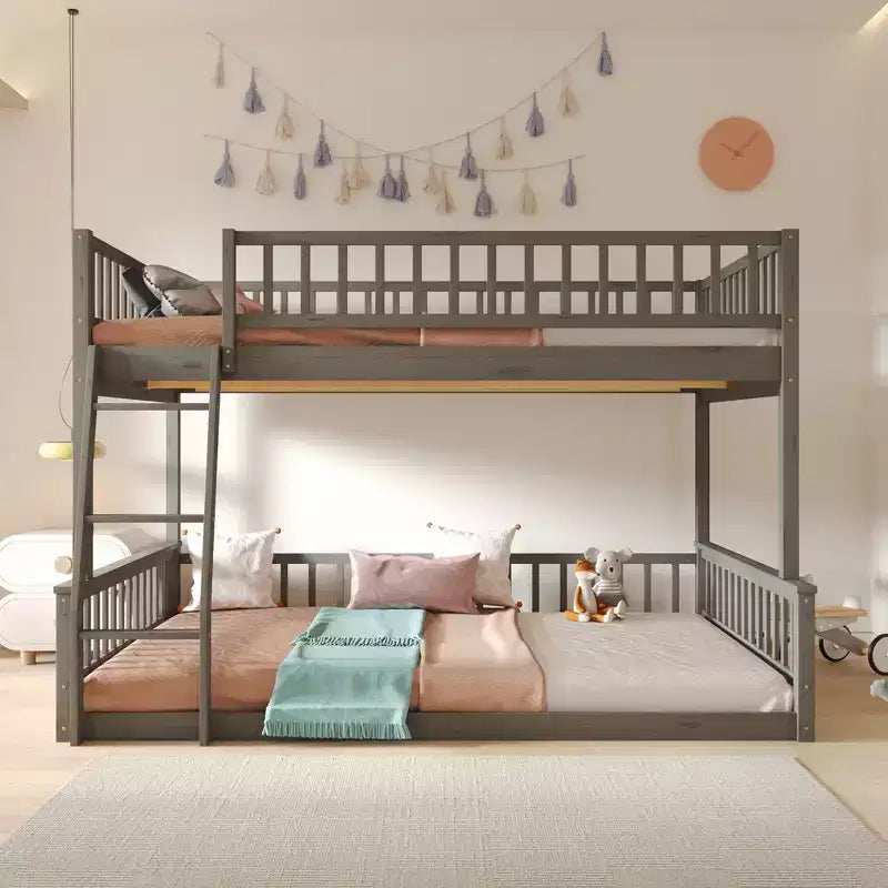 FAMYYT Queen Size Wood Bed?With Fence-shaped Guardrail, ladder, Easy Assembly