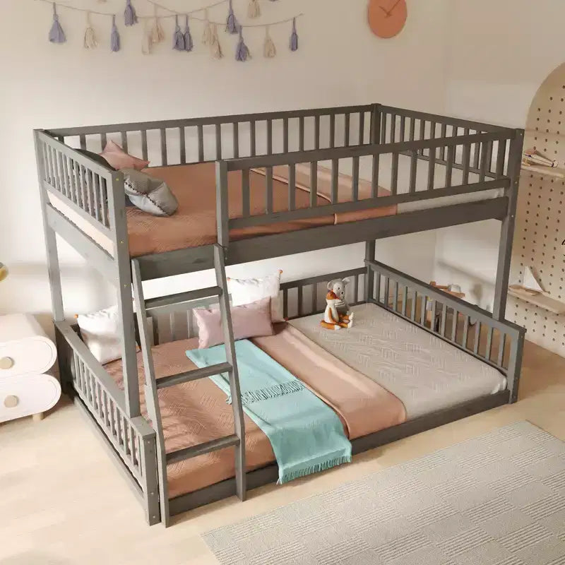 Lit en bois Queen Size FAMYYT avec barrière en forme de clôture, échelle, montage facile