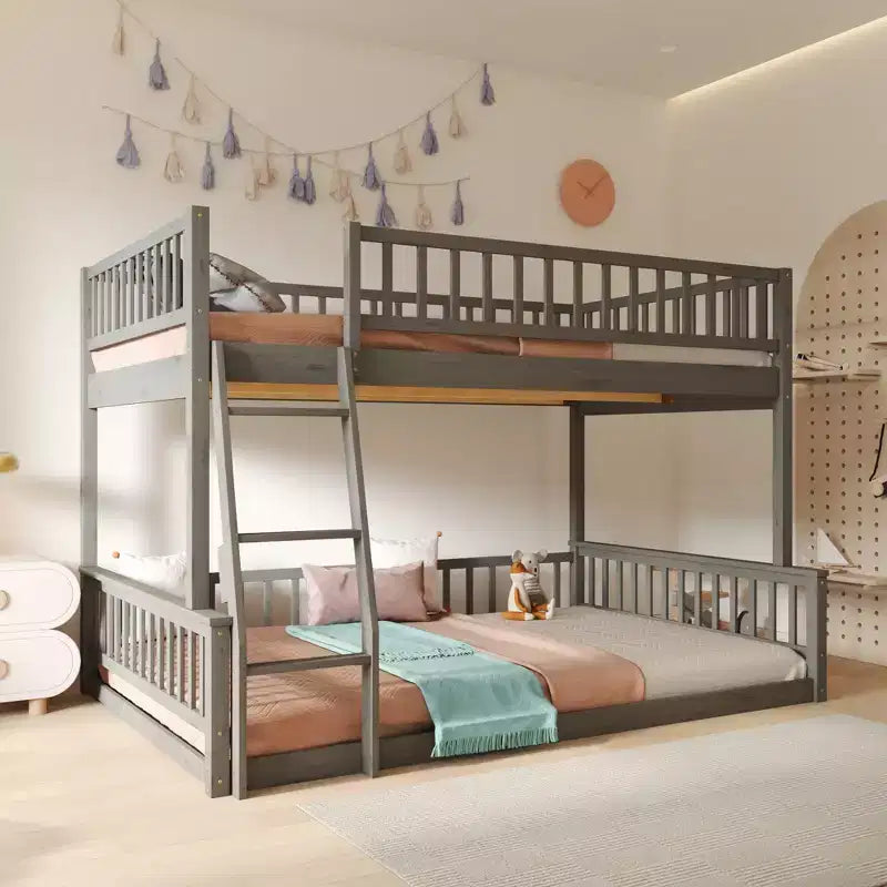 Lit en bois Queen Size FAMYYT avec barrière en forme de clôture, échelle, montage facile