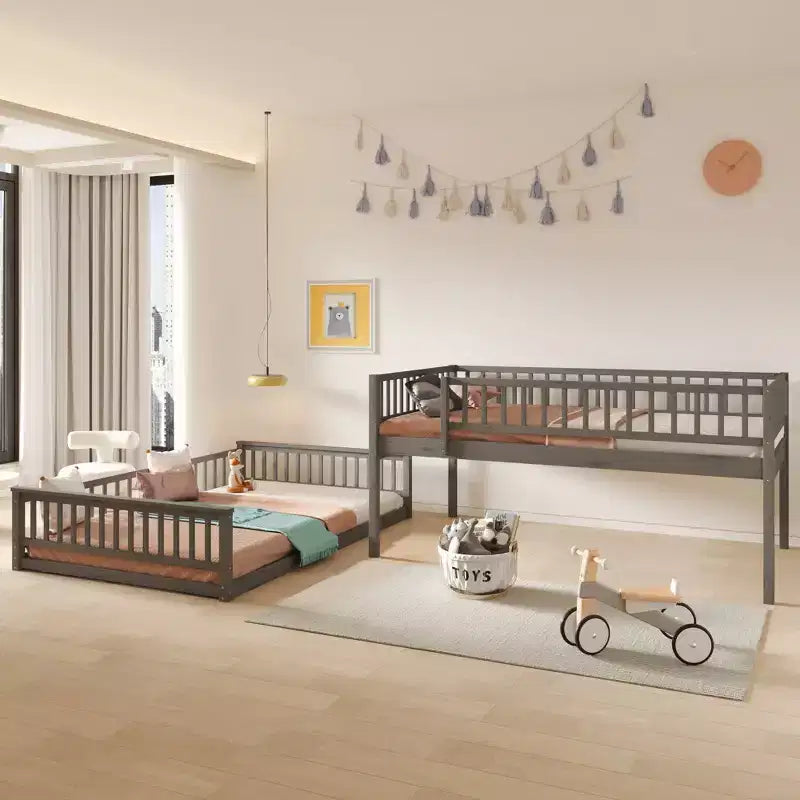 Lit en bois Queen Size FAMYYT avec barrière en forme de clôture, échelle, montage facile