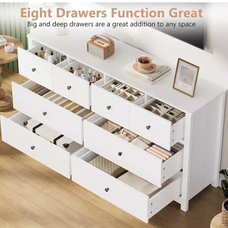 Commode à 8 tiroirs pour chambre à coucher - Commode simple et moderne en bois, double commode de rangement, tiroirs profonds, convient pour salon, couloir, entrée.