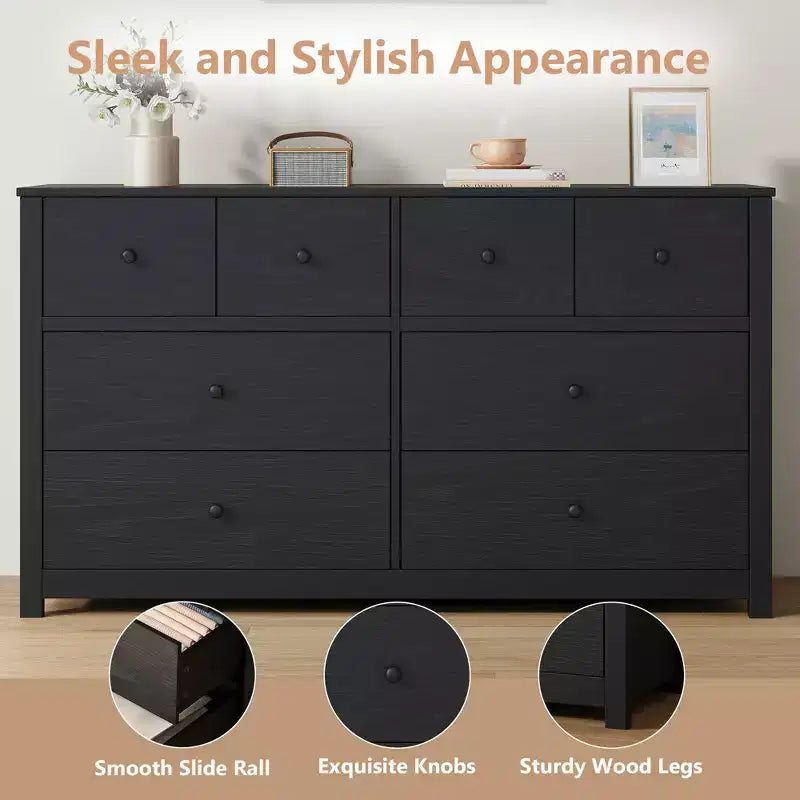 Commode à 8 tiroirs pour chambre à coucher - Commode simple et moderne en bois, double commode de rangement, tiroirs profonds, convient pour salon, couloir, entrée.